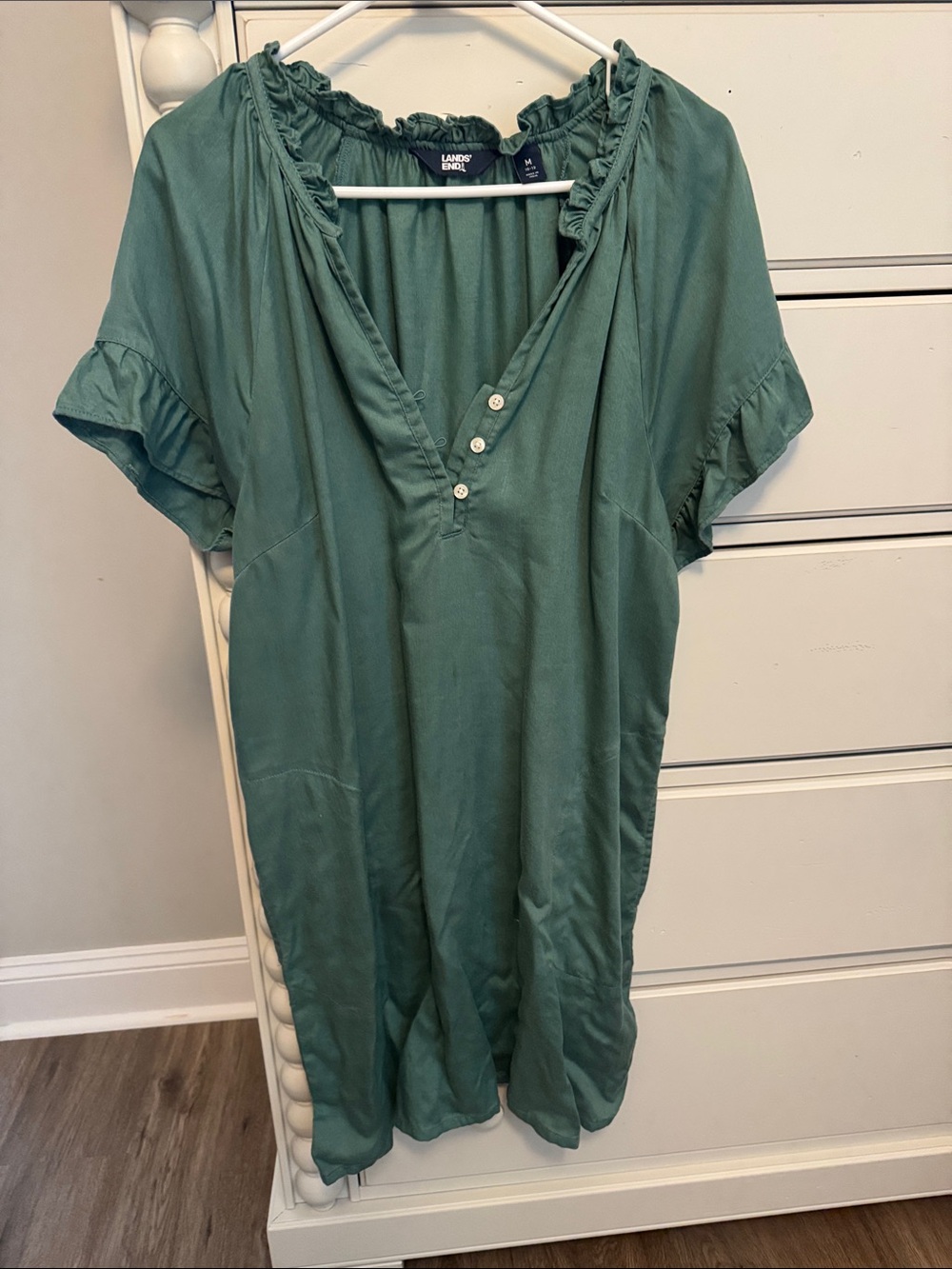 Lands' End Teal Green Ruffled V-Neck Midi Dress